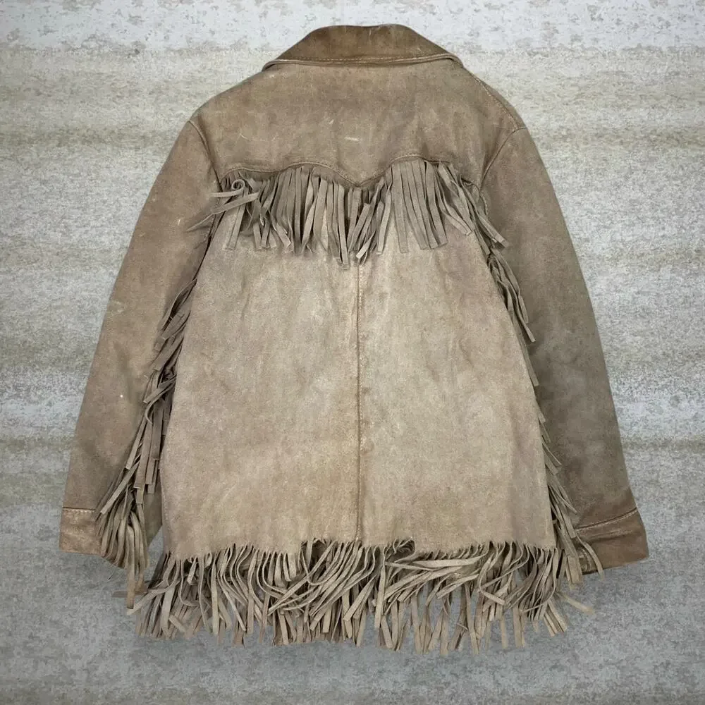 True Vintage 90s Western Suede Leather Jacket Mens M Tan Faux Fur Line Button Up - Picture 2 of 6